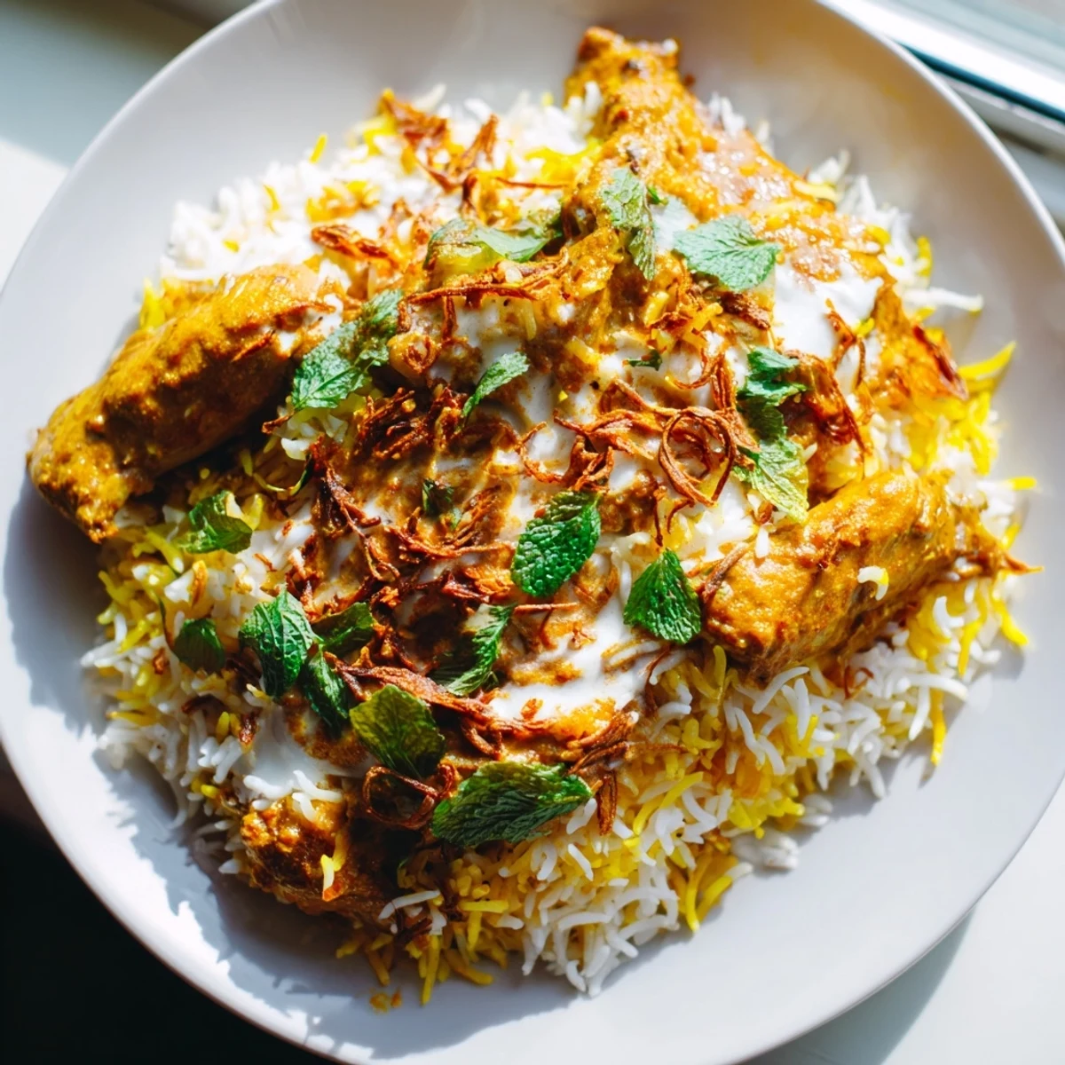 Golden butter chicken biryani layered with fragrant basmati rice and saffron