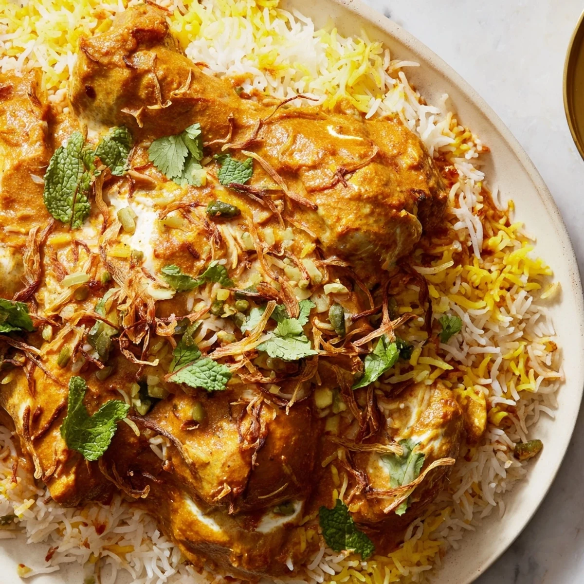 Luxurious butter chicken biryani served with tender pieces and spiced fluffy rice