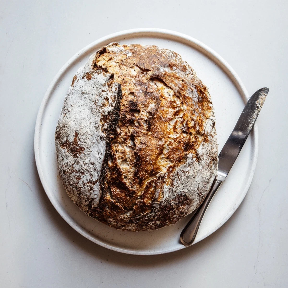 Freshly baked rustic crusty bread cooling on wire rack with deep caramelized crust