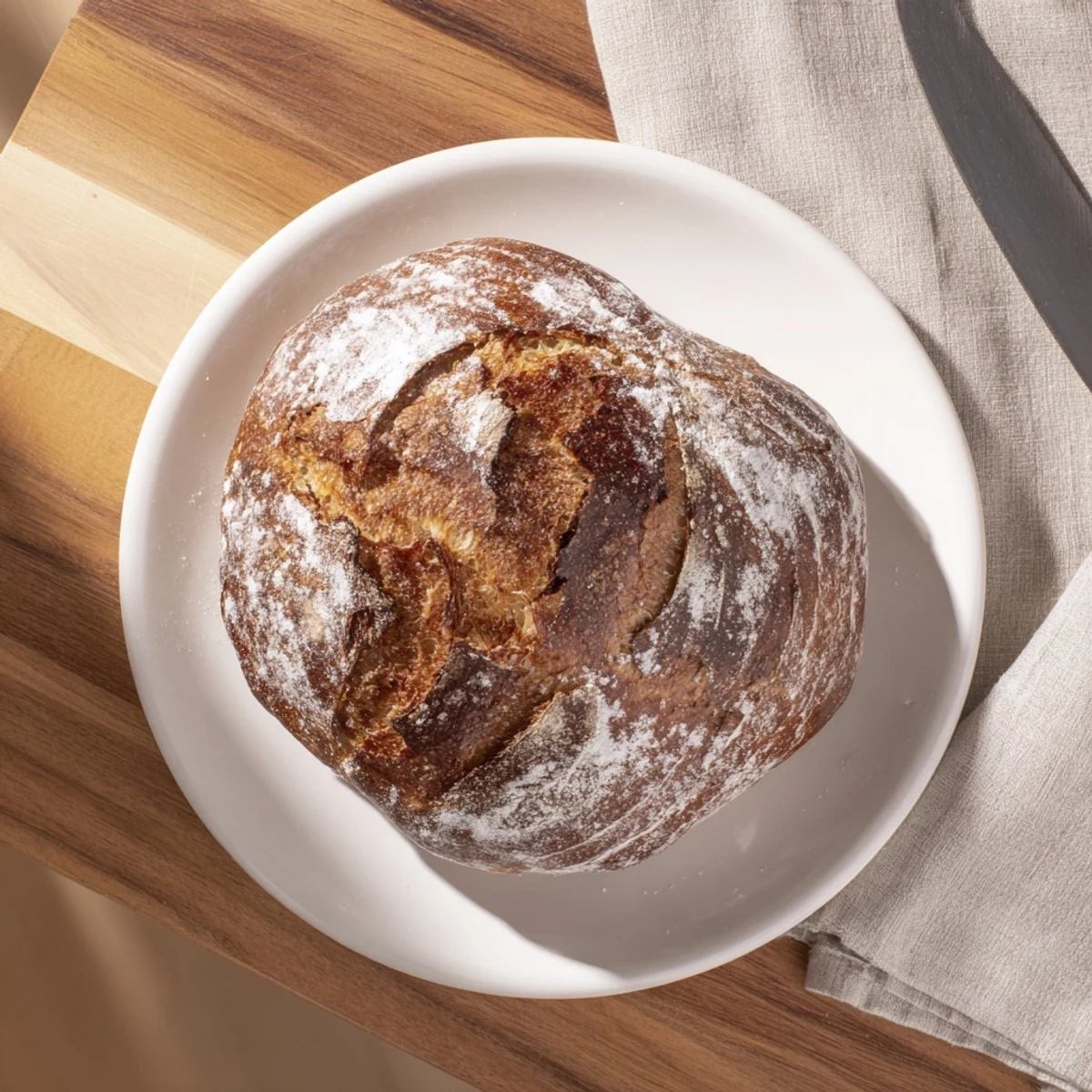 Golden brown easy rustic bread loaf with crackly crust scored on top, dusted with flour on wooden cutting board