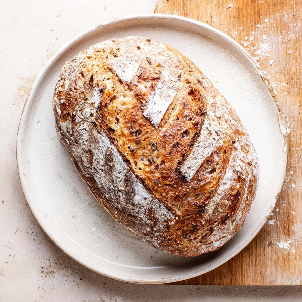 Freshly baked easy rustic bread broken open revealing soft chewy interior, perfect for slicing and serving with butter