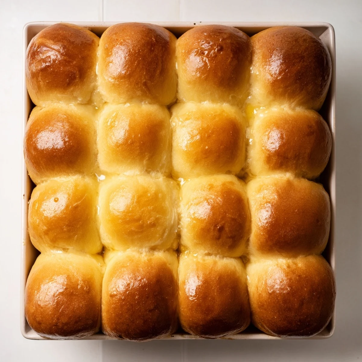 Golden brown Buttery Bliss Brioche Rolls arranged in a baking pan, ready to serve warm