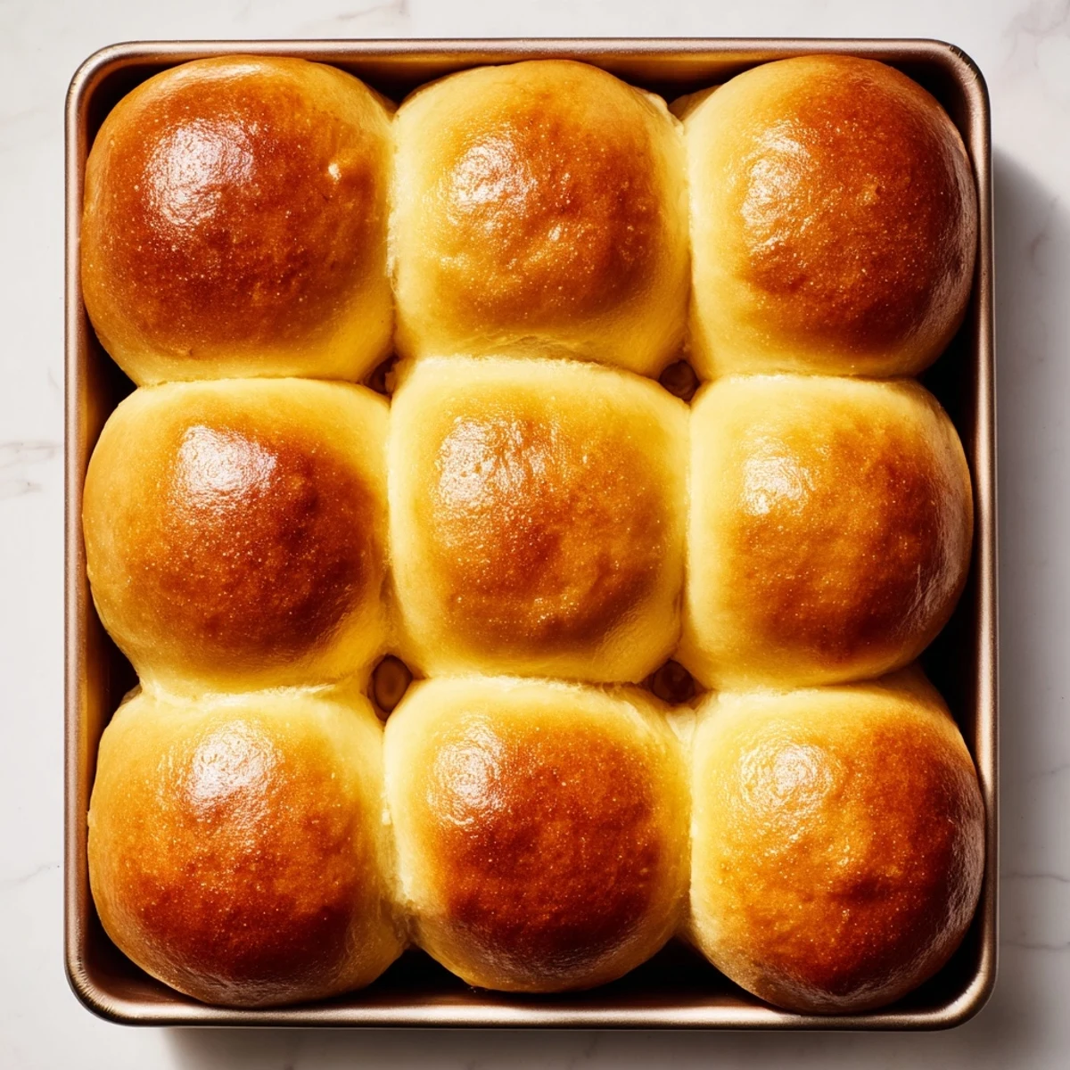 Freshly baked Buttery Bliss Brioche Rolls with shiny egg-washed tops and soft, pillowy texture