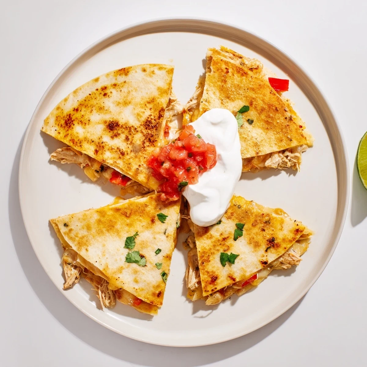 Golden crispy chicken quesadillas with melted cheese and colorful diced peppers