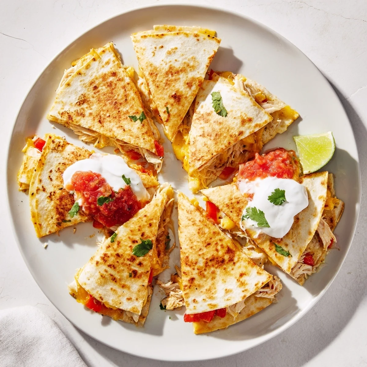 Homemade crispy chicken quesadillas overflowing with Monterey Jack and seasoned shredded chicken