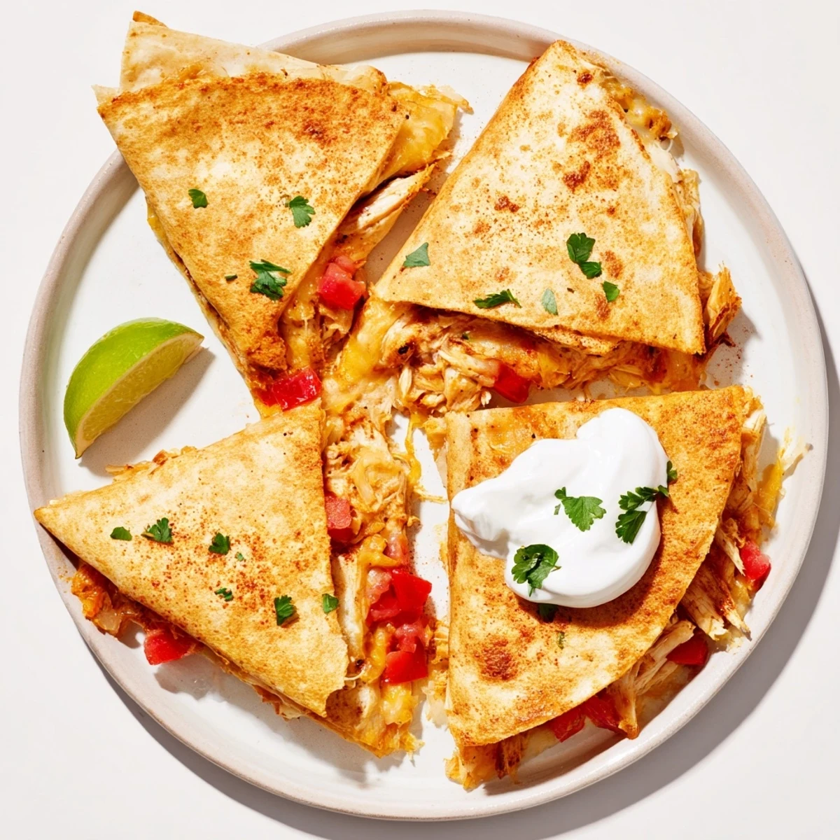 Pan-fried chicken quesadillas cut into wedges garnished with fresh cilantro and lime