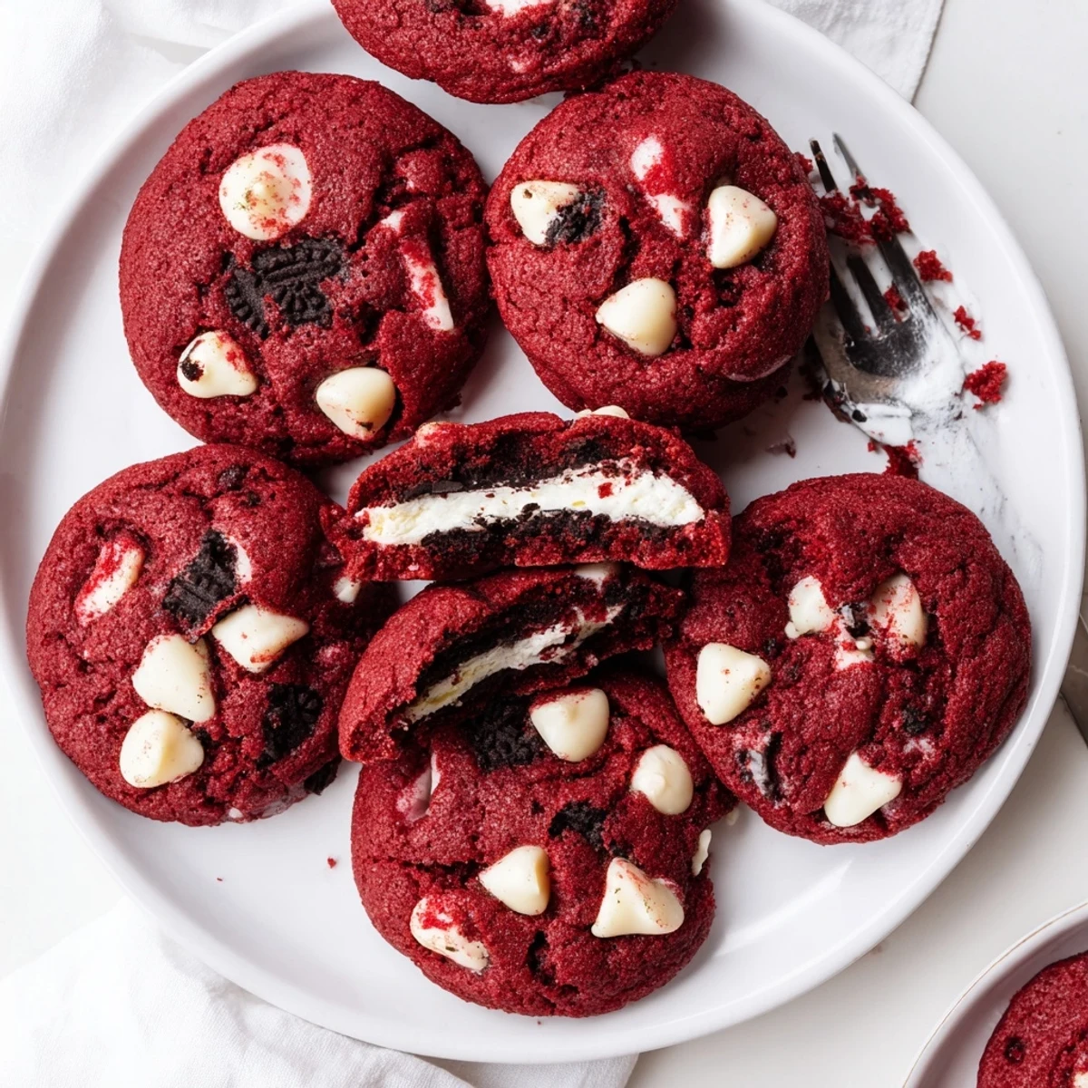 Freshly baked homemade red velvet Oreo cookies with creamy white filling and white chocolate chips