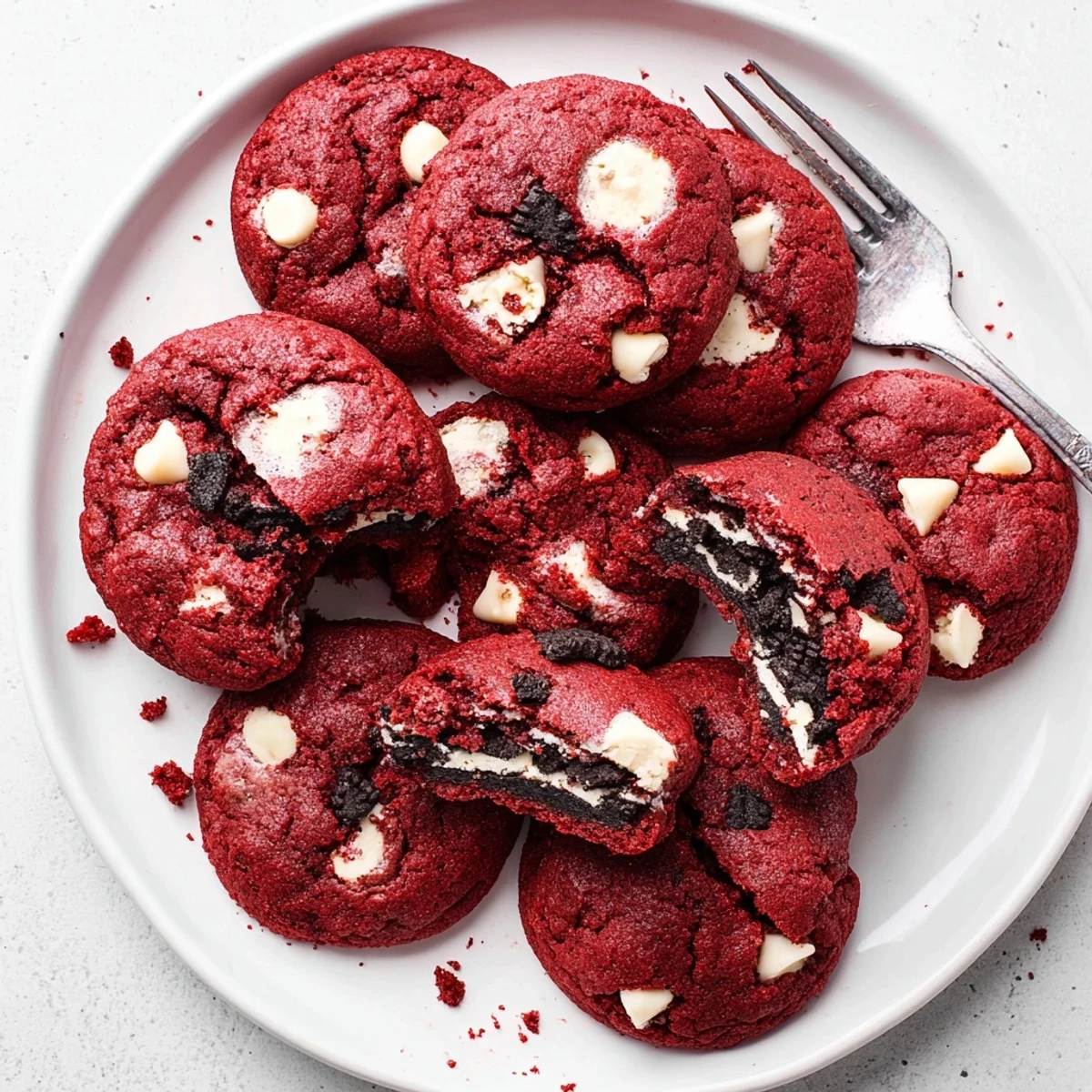 Two homemade red velvet Oreo cookies stacked on a white plate, filled with sweet cream
