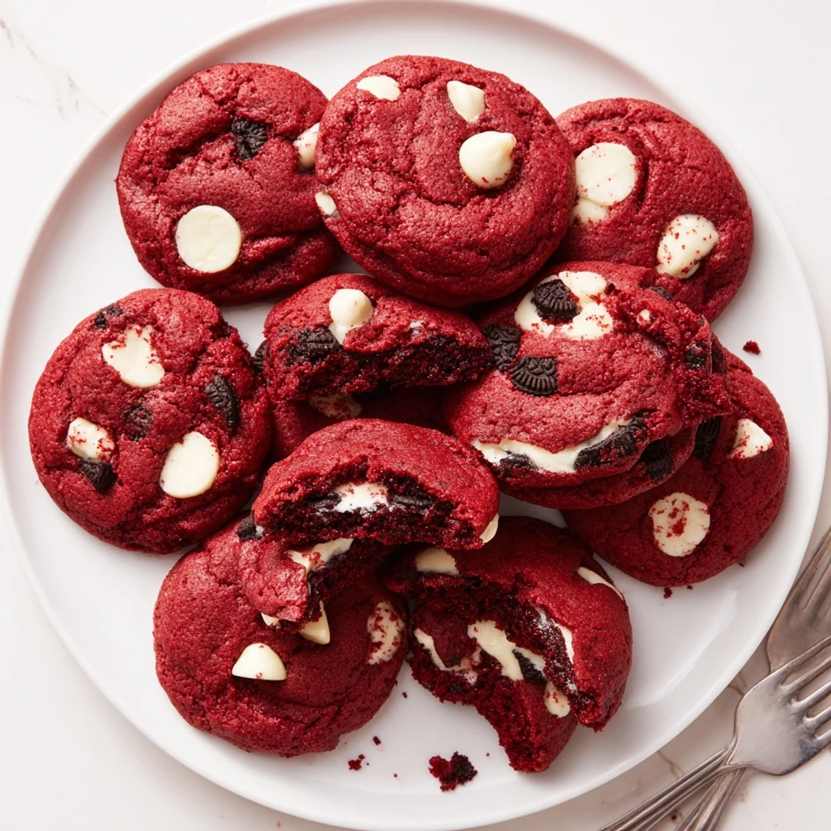 Golden baked homemade red velvet Oreo cookies stuffed with crushed Oreo cream cheese filling