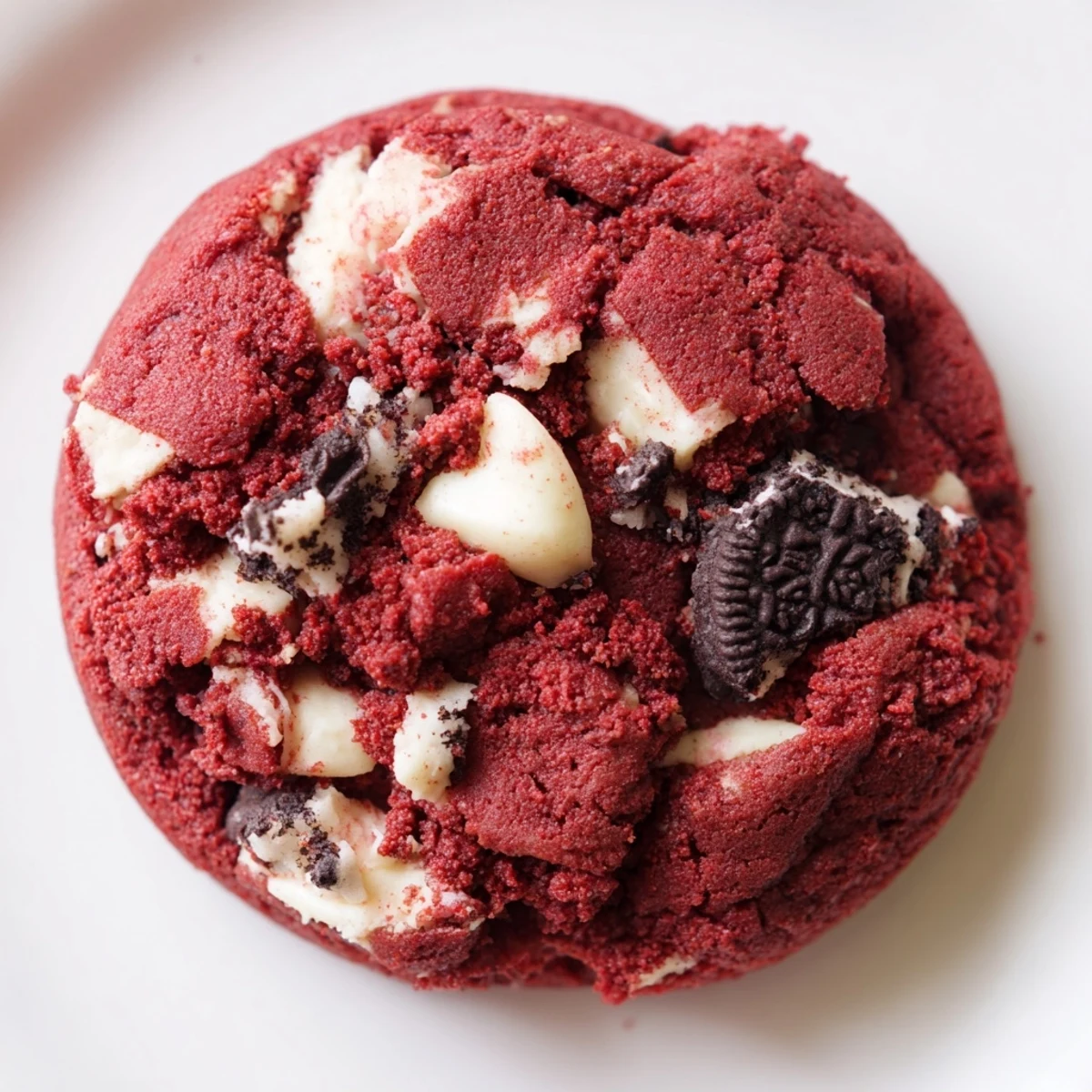 Soft red velvet Oreo cookies topped with white chocolate chips on a cooling rack