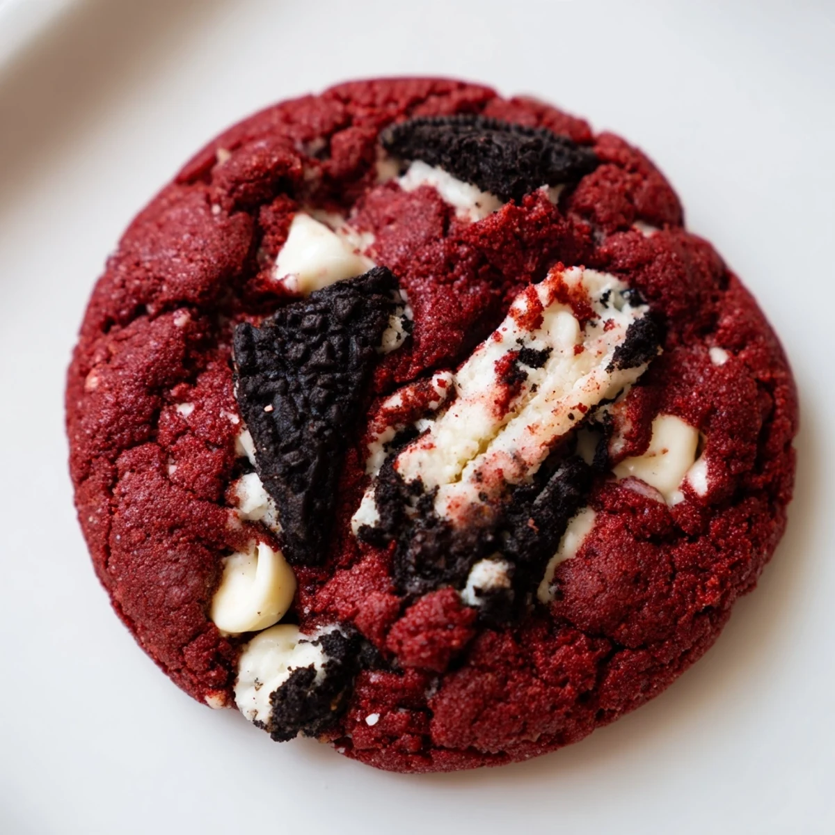 Chewy red velvet Oreo cookies featuring cocoa dough and chunks of cream-filled chocolate sandwich cookies