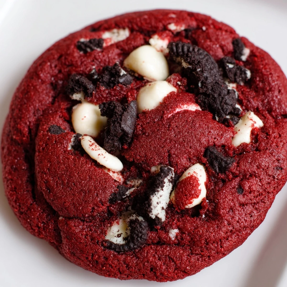 Batch of freshly baked red velvet Oreo cookies with visible white chocolate and Oreo pieces throughout