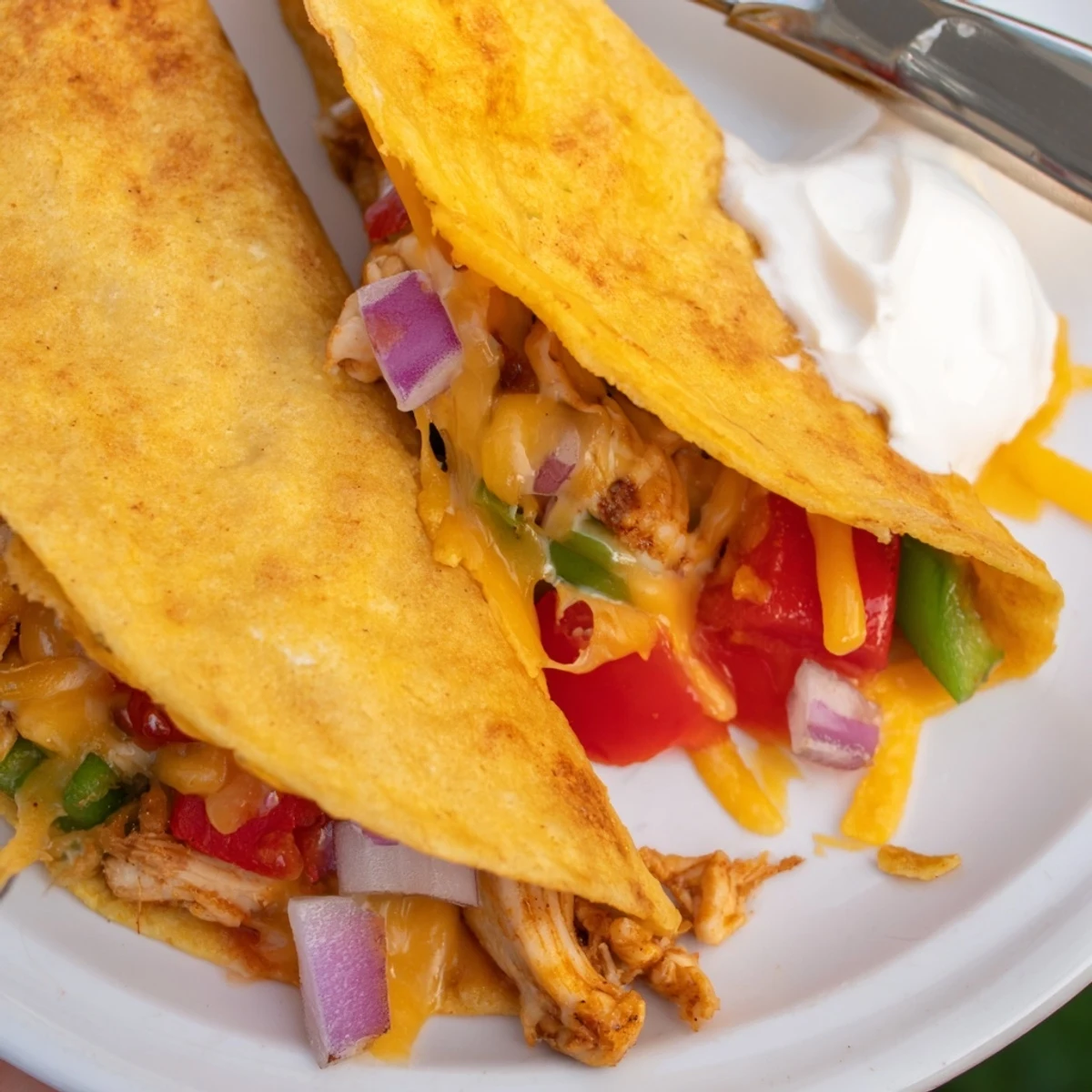 Golden chicken quesadillas sliced into wedges revealing melted cheese and colorful peppers