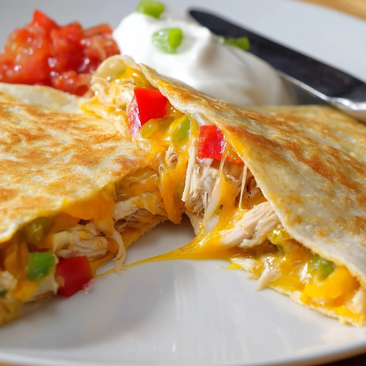 Crispy tortilla halves stuffed with seasoned chicken and gooey cheddar on a wooden board