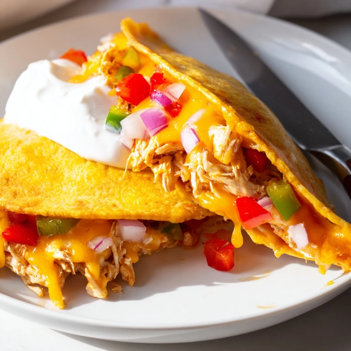 Homemade chicken quesadillas with vibrant bell peppers served with salsa and sour cream