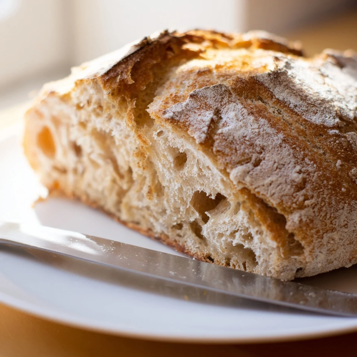 Golden artisan no knead bread loaf with crispy crust and chewy interior on wooden board
