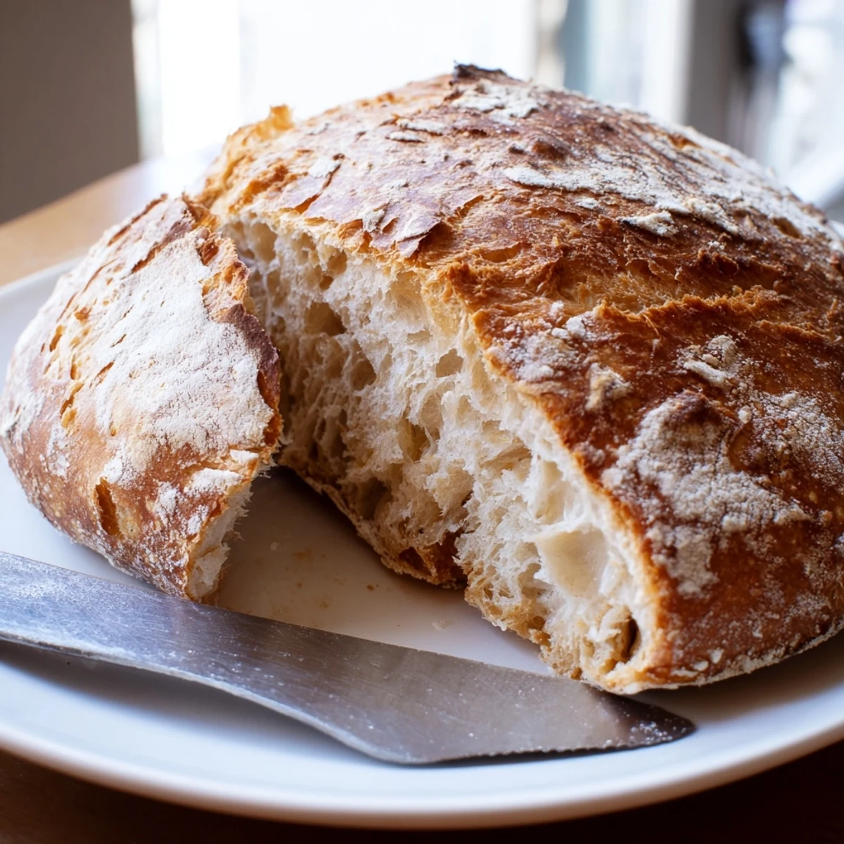 Homemade artisan no knead bread freshly baked with deep golden crackly crust cooling on wire rack