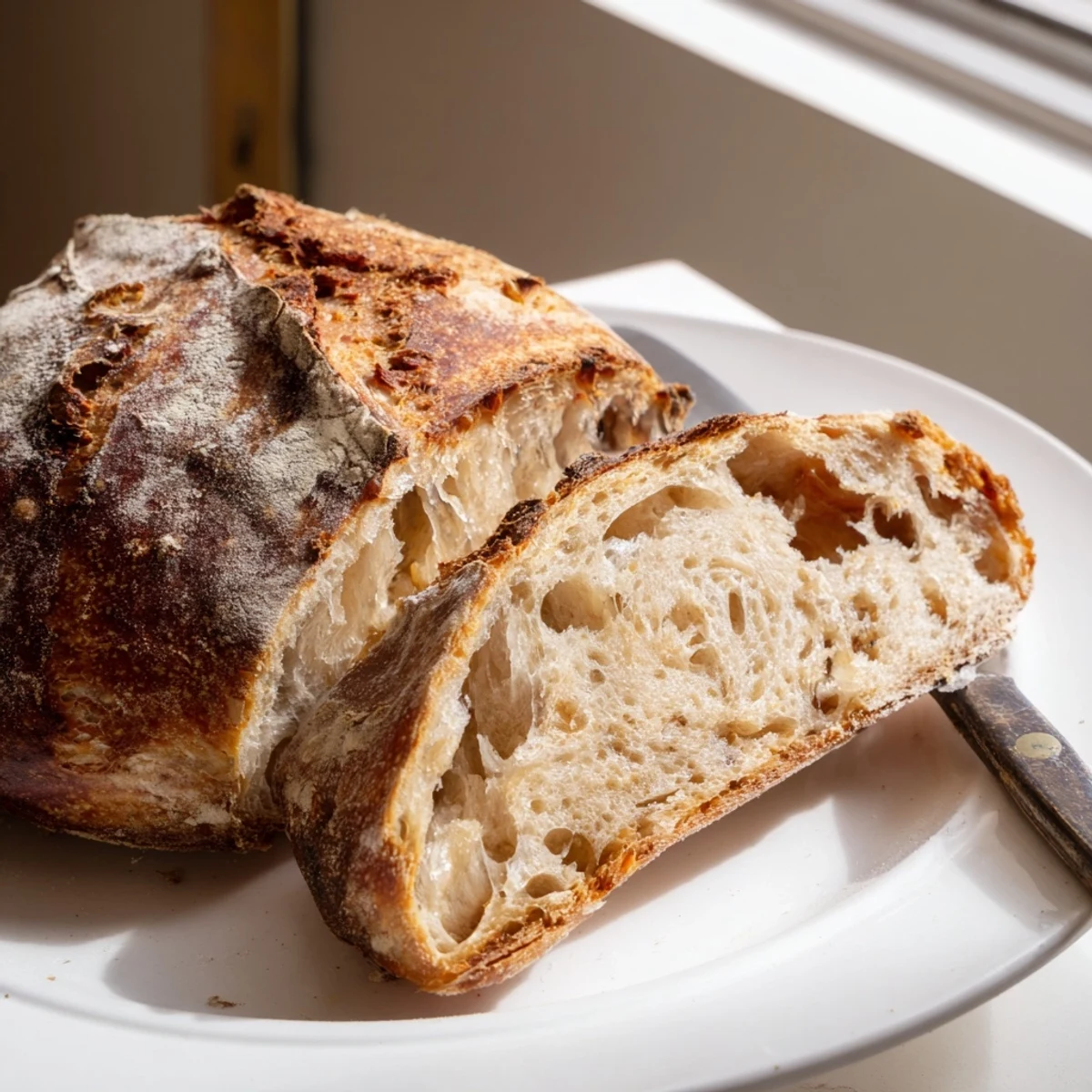 Rustic no knead bread sliced open revealing soft airy crumb perfect for sandwiches or dipping