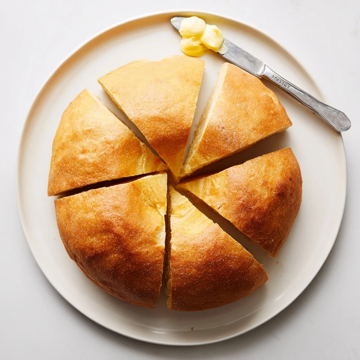 Golden stovetop bread with a fluffy interior and crisp crust, freshly sliced for serving