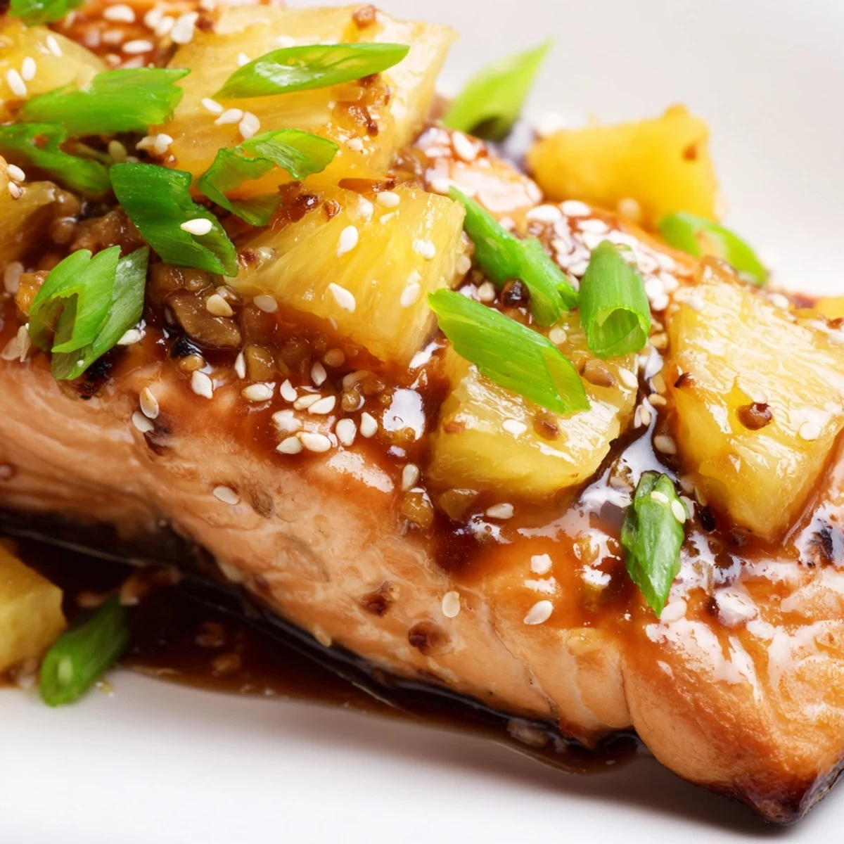 Baked pineapple glazed salmon with caramelized pineapple sauce and fresh pineapple chunks served on a white plate with lime wedges