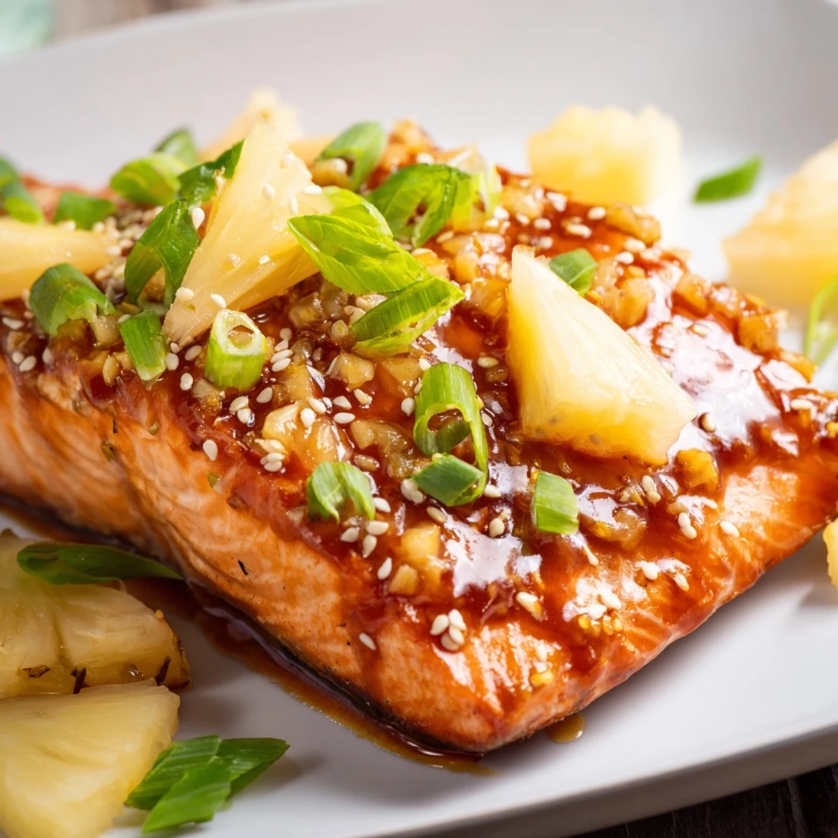 Golden brown pineapple glazed salmon fillets drizzled with shiny sweet and tangy pineapple glaze garnished with green onions and sesame seeds