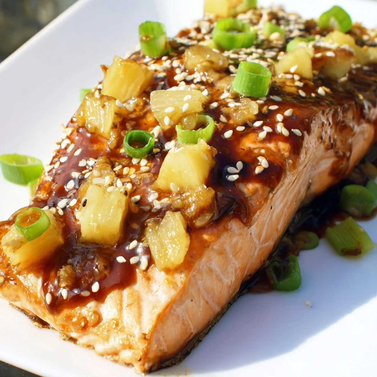Pan seared pineapple glazed salmon with thick glossy coating resting on bed of steamed jasmine rice with toasted sesame topping