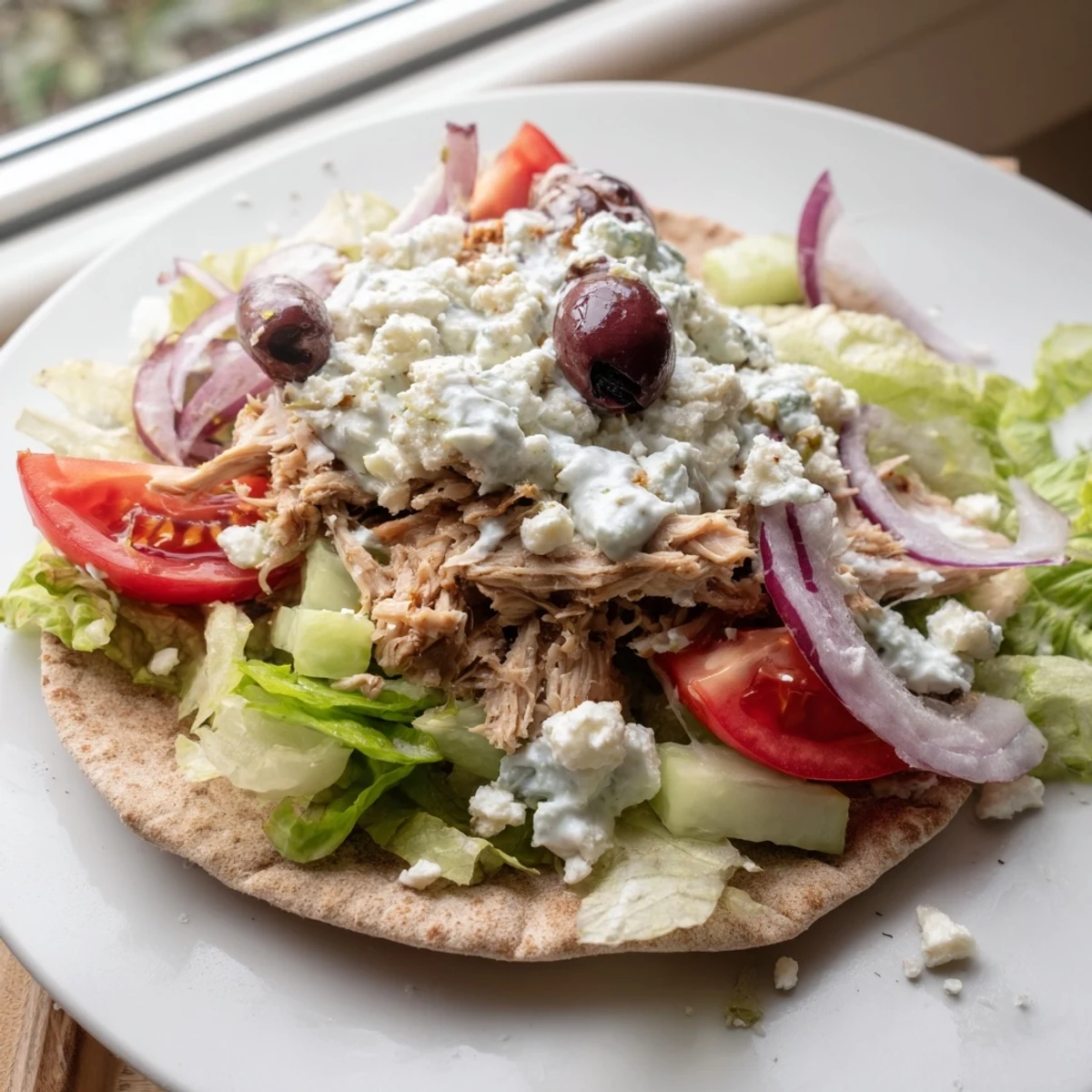 Golden shredded chicken stuffed in warm pita with crisp lettuce and creamy tzatziki sauce for Crockpot Greek Chicken Pitas