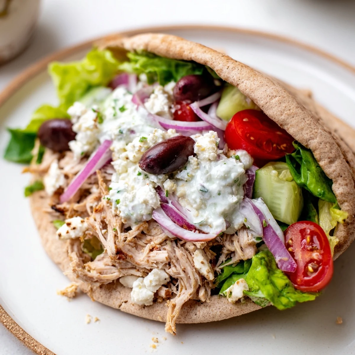 Slow-cooked Mediterranean spiced chicken piled into soft pita bread topped with tangy yogurt sauce and fresh vegetables