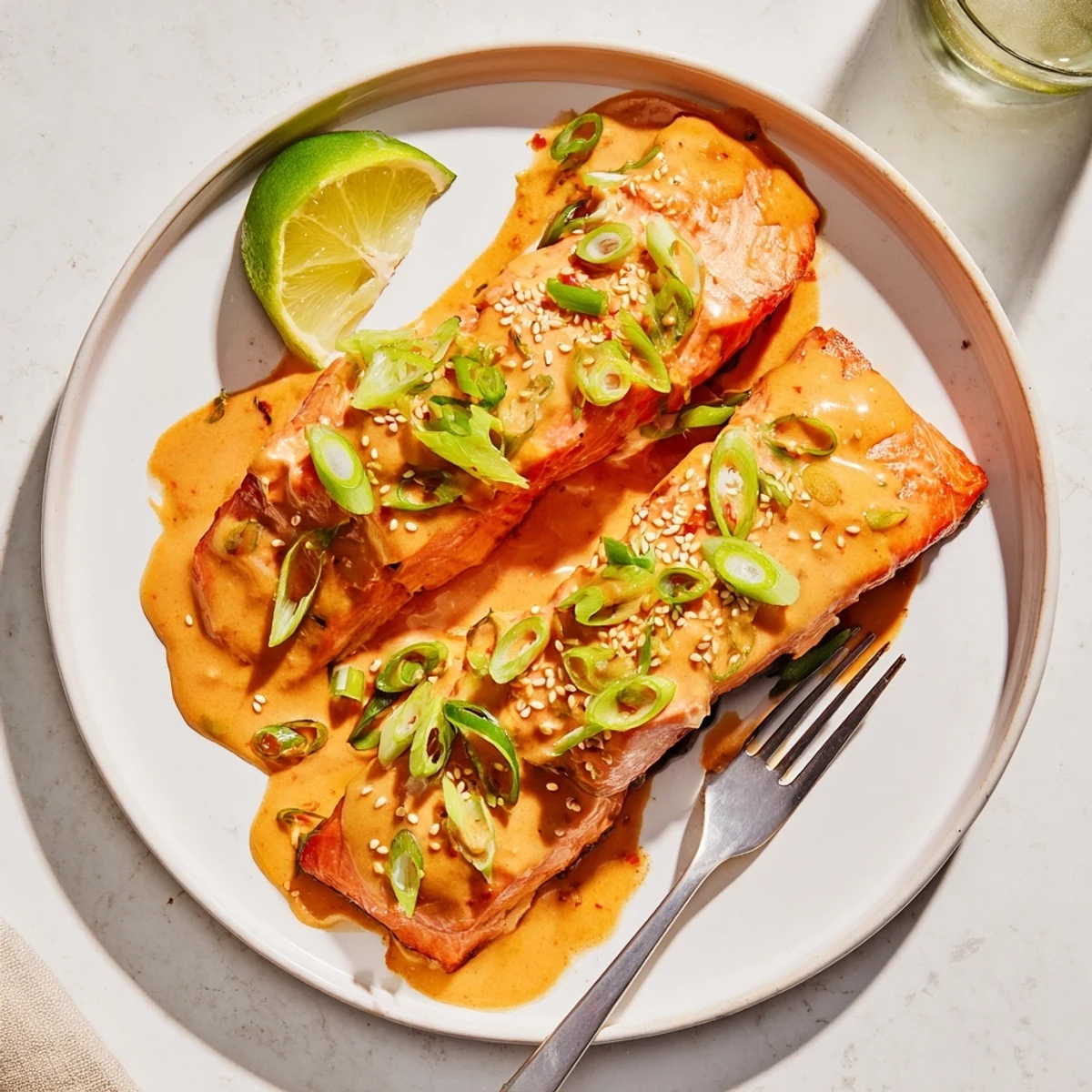 Crispy skinned Bang Bang salmon with zesty sriracha mayonnaise sauce sesame seeds and lime for a complete dinner