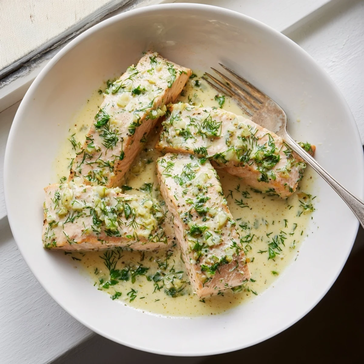 Golden pan-seared salmon fillets swimming in a velvety garlic butter cream sauce with fresh parsley garnish