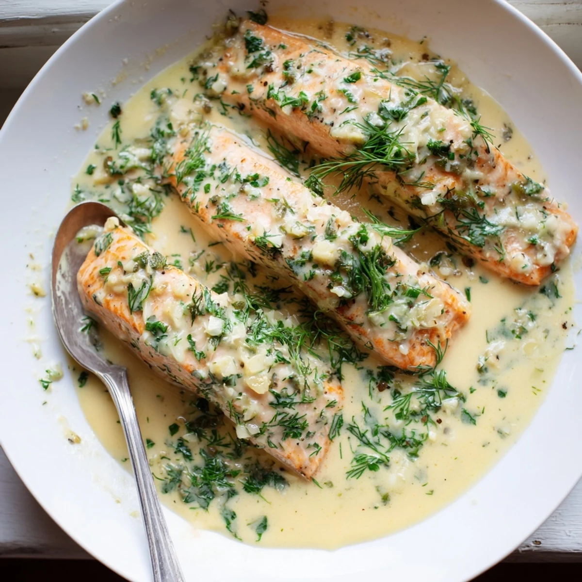 Creamy garlic butter salmon plated on white dish with rich parmesan sauce and delicate dill sprigs