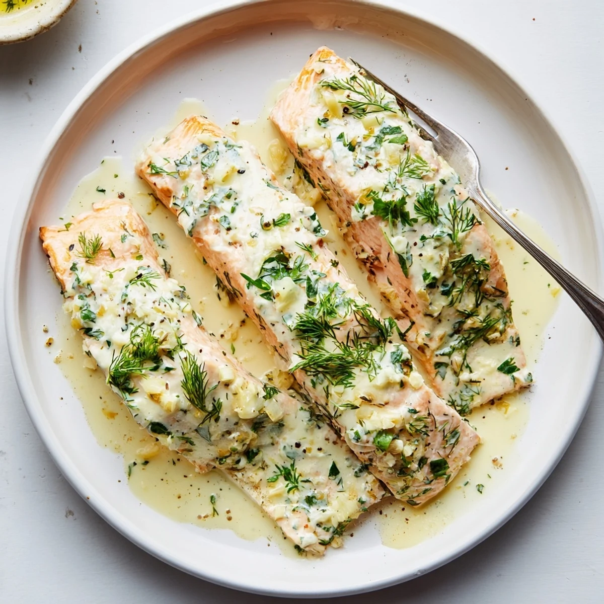 Succulent salmon pieces resting in luscious white wine garlic cream sauce topped with vibrant green herbs