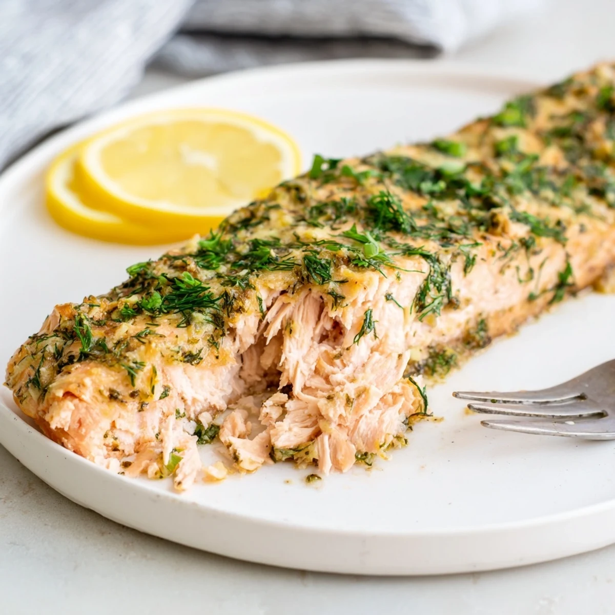 Perfectly cooked baked salmon fillet garnished with dill parsley and fresh lemon wheels