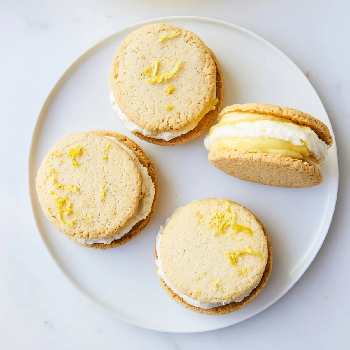 Golden lemon sandwich cookies filled with tangy creamy lemon curd on a white plate
