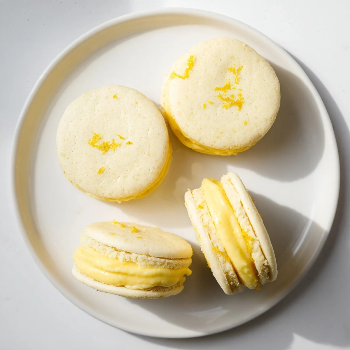 Stack of vegan lemon sandwich cookies with bright yellow curd peeking through the center