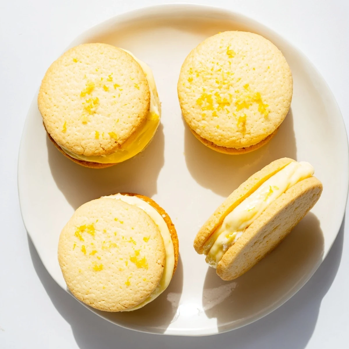 Two gluten-free lemon cookies sandwiched with thick lemon curd on a wooden board