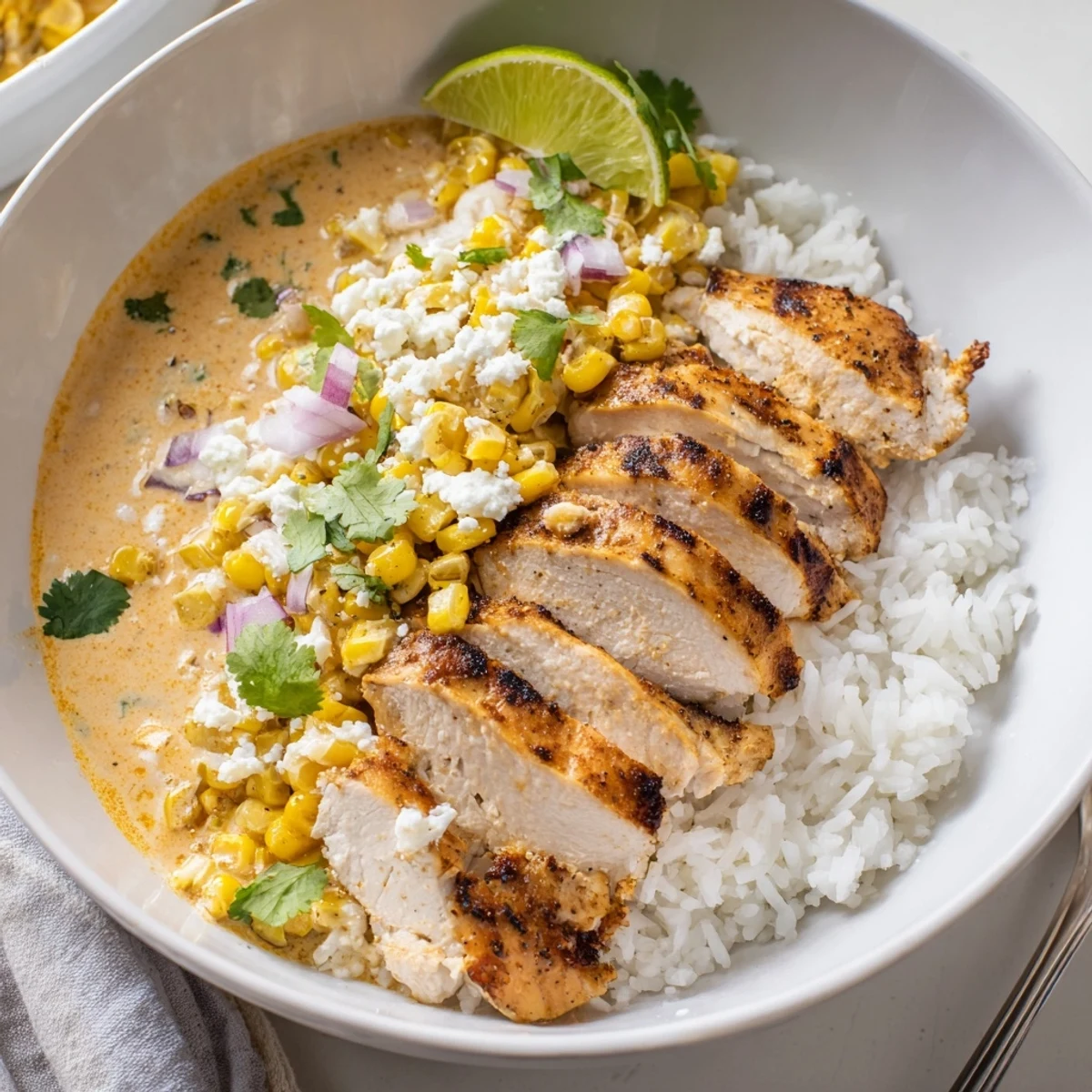 Easy street corn chicken bowl featuring charred corn cotija cheese and sliced chicken breast