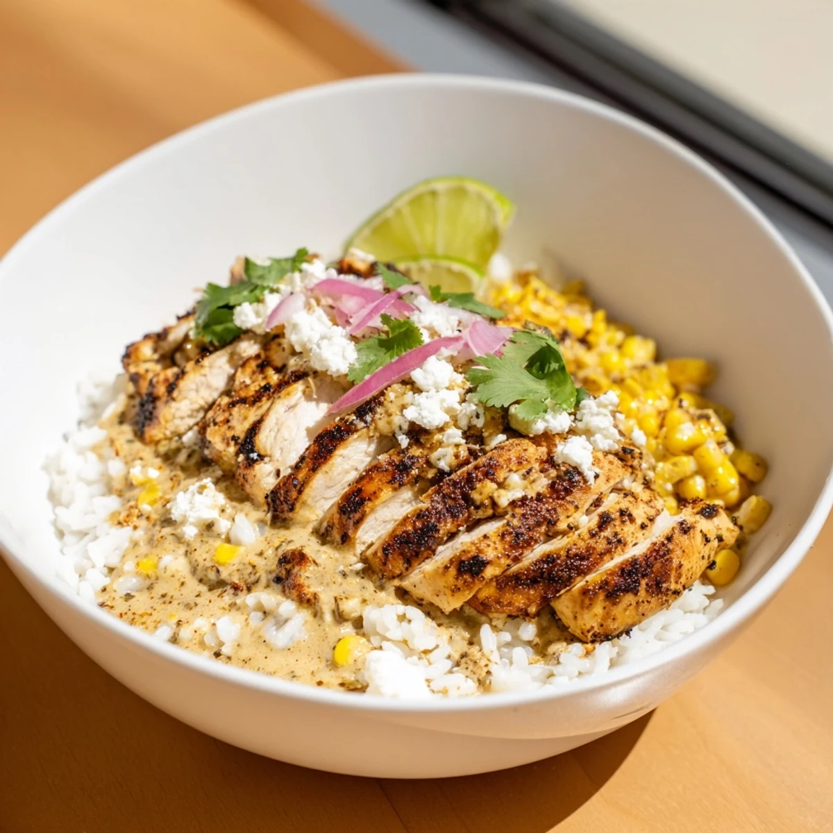 Golden grilled chicken topped with zesty street corn mixture in a colorful bowl