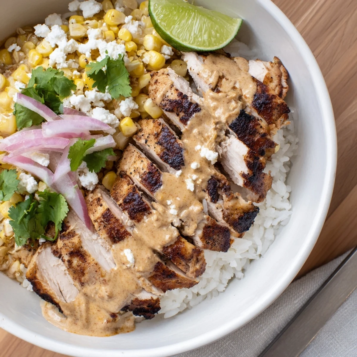 Juicy spiced chicken served over rice with creamy Mexican corn and fresh cilantro garnish