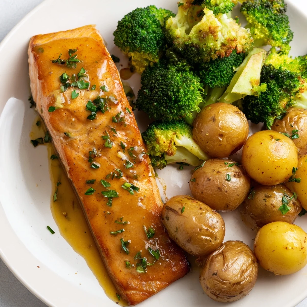 Golden pan-seared salmon with lemon butter sauce served beside crispy roasted potatoes and tender green broccoli florets on a white plate