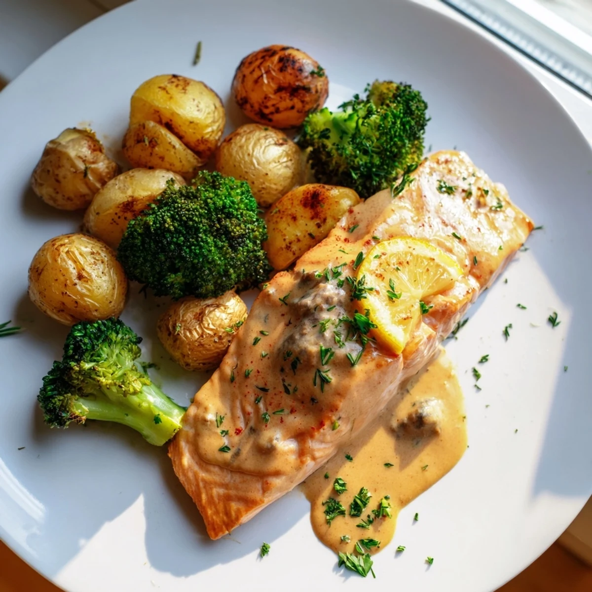 Complete lemon butter salmon dinner featuring flaky fish glazed with citrus sauce alongside crunchy roasted potatoes and fresh seasonal broccoli