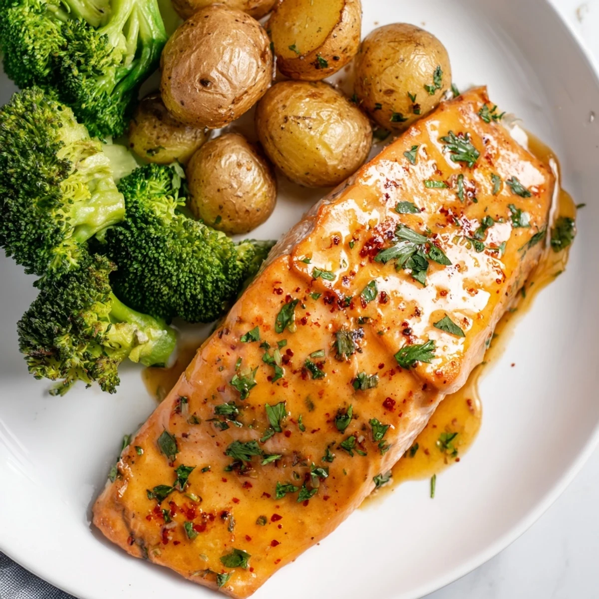 Sheet pan meal showcasing crispy potato halves and broccoli arranged around salmon fillets drizzled with rich lemon garlic butter sauce