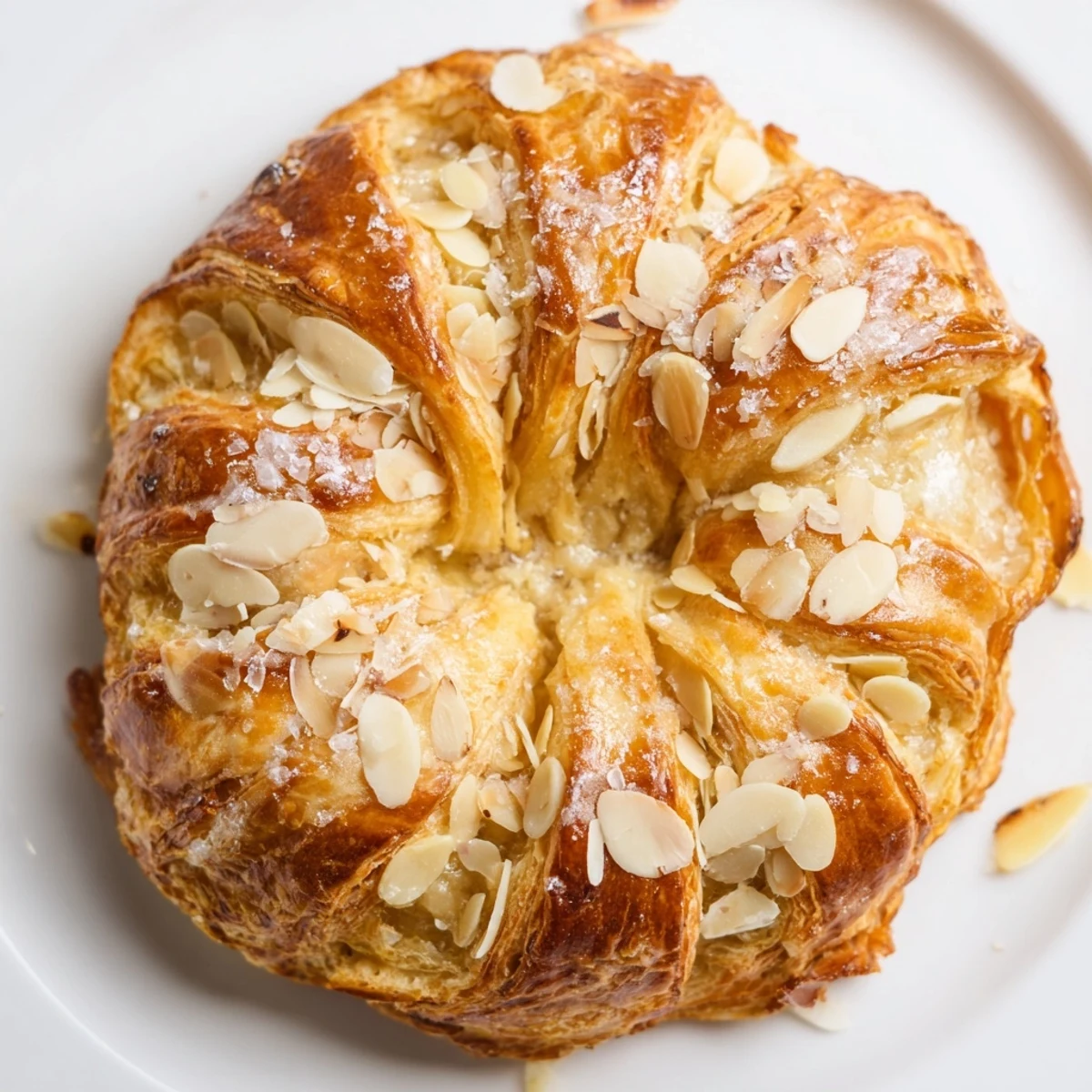 Golden brown almond bear claw pastry with flaky layers and crunchy sliced almond topping