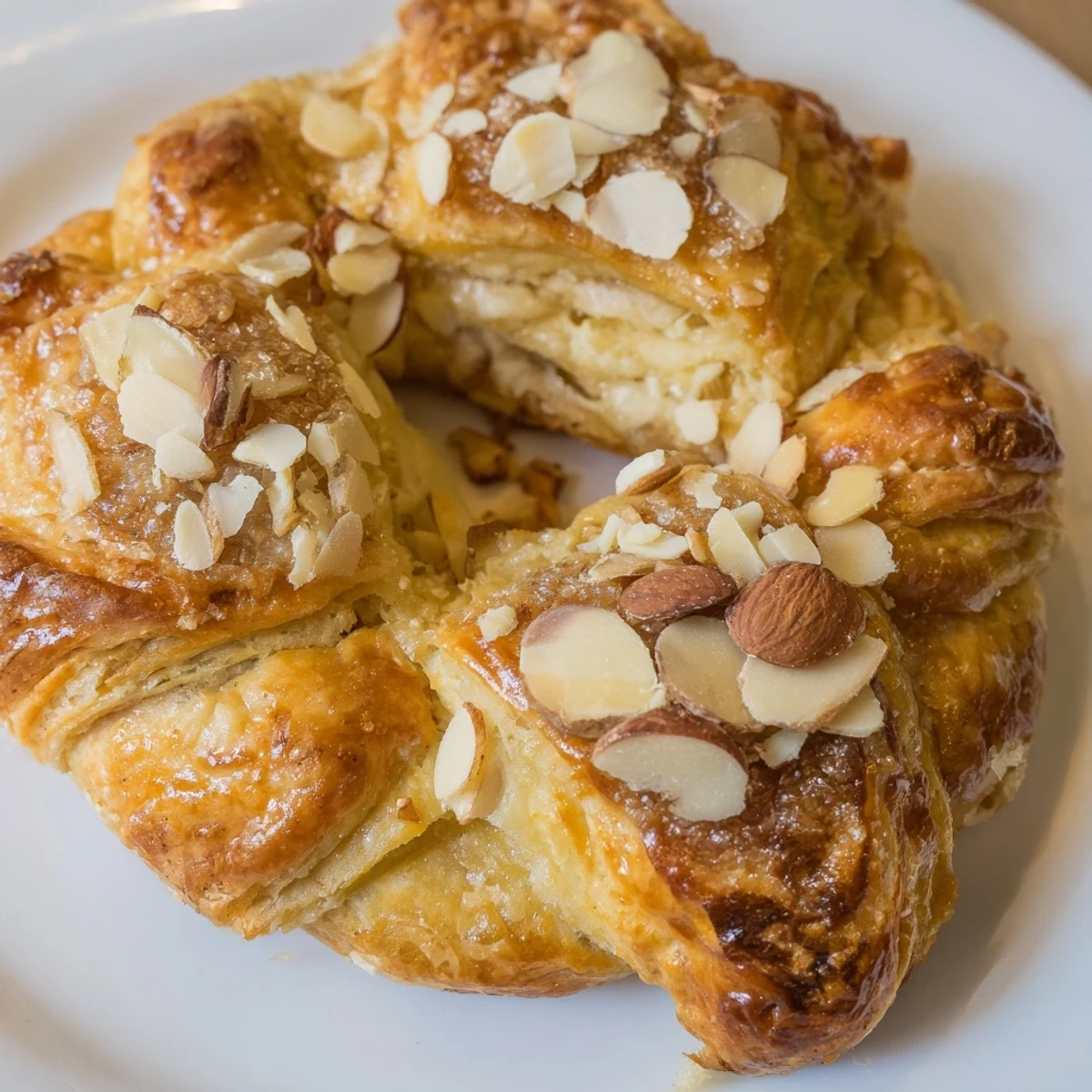 Buttery puff pastry almond bear claw fresh from oven with golden caramelized edges