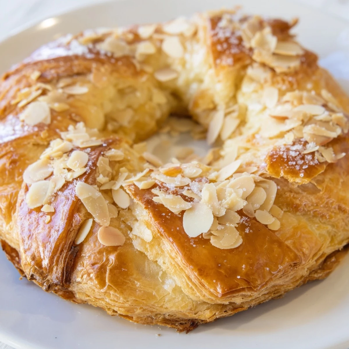Flaky almond bear claw pastry filled with sweet almond paste and topped with almonds