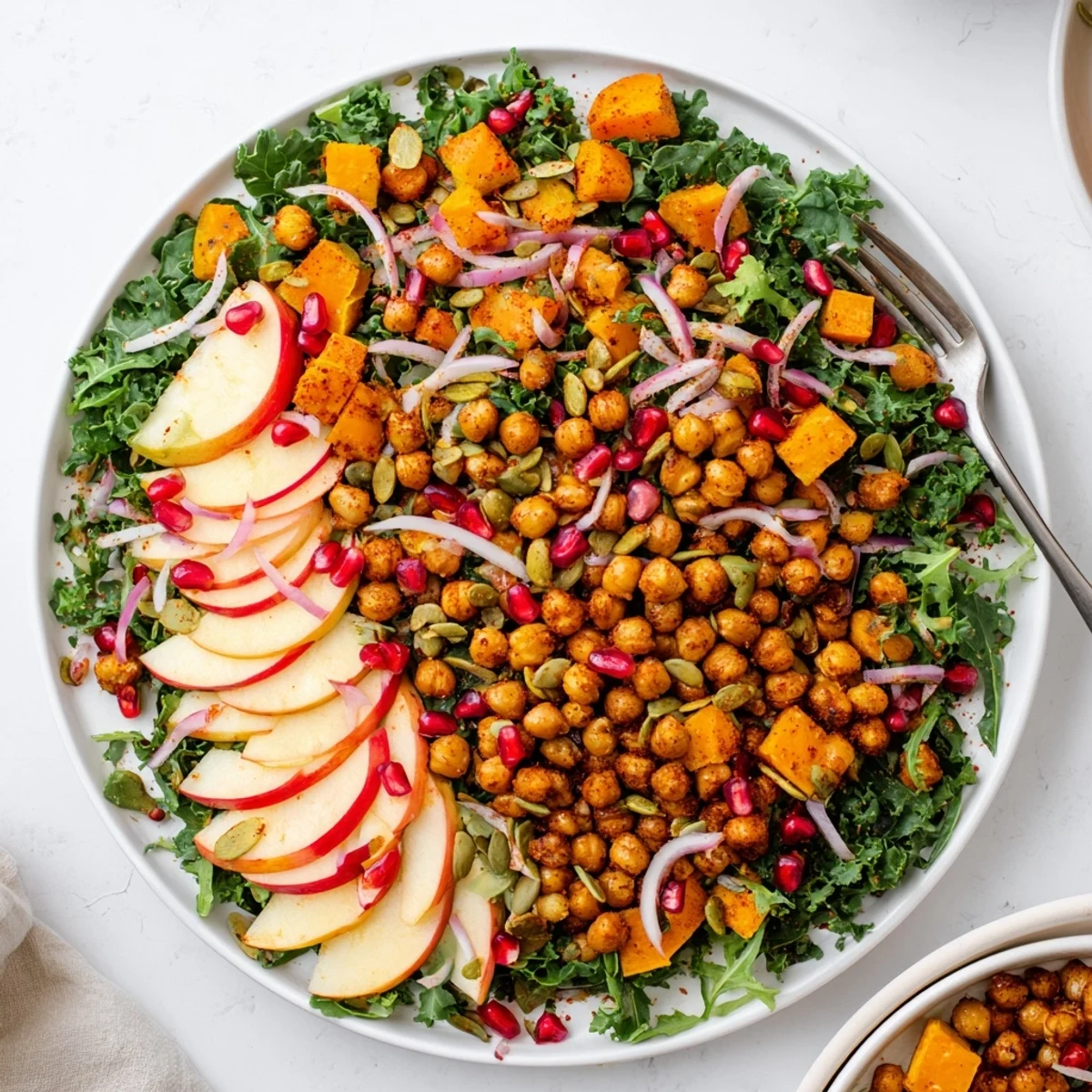 Colorful roasted chickpea fall salad with butternut squash, pomegranate seeds, and maple-Dijon dressing arranged in a shallow bowl.