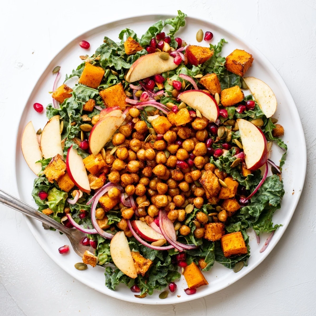 Hearty autumn salad featuring crispy spiced chickpeas, fresh apples, mixed greens, and toasted pumpkin seeds on a white serving plate.