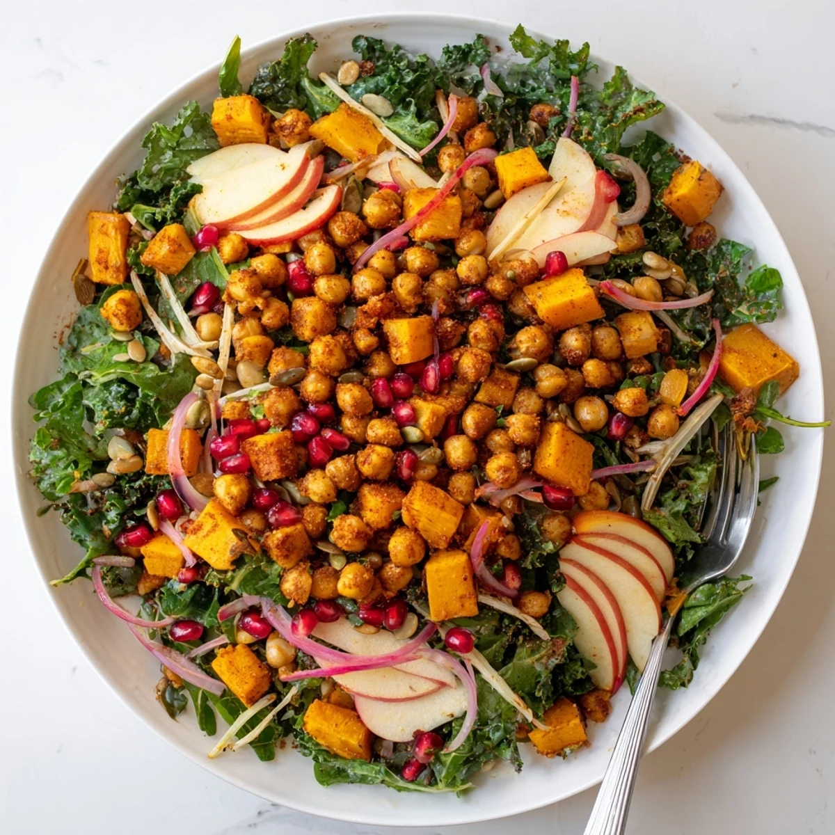 Vibrant roasted chickpea fall salad drizzled with tangy maple dressing, topped with seasonal produce and pepitas for crunch.