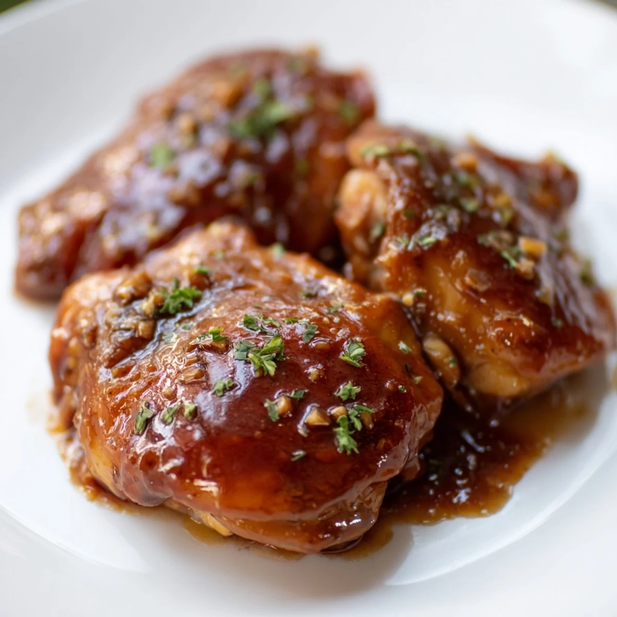 Golden brown chicken thighs coated in rich sticky apple cider sauce with fresh parsley garnish