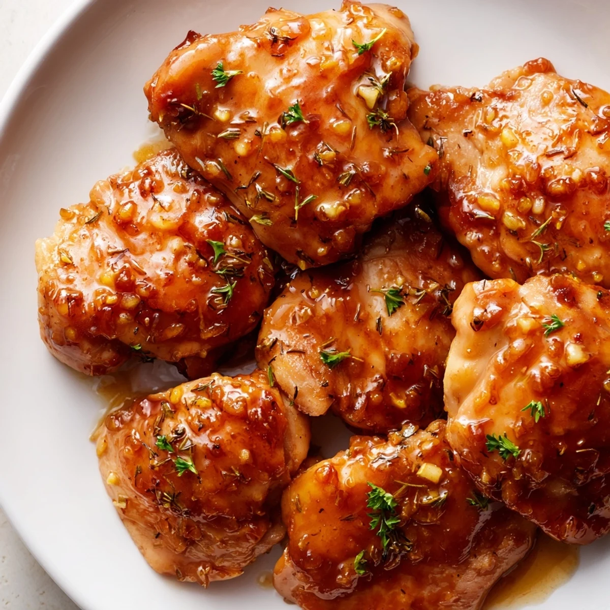 Tender juicy chicken thighs simmered in tangy honey apple cider glaze with cinnamon and thyme